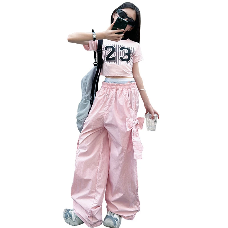 Girls\' Work Pants 2024 Summer New Children\'s Summer Breathable Casual Pants Girls\' loose Straight Leg wide leg Pants 120-170CM