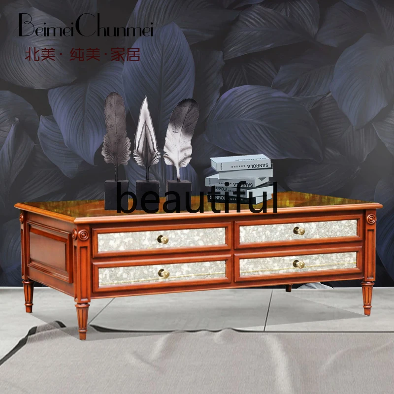 American rural leisure pure solid wood carving living room rectangular coffee table private house villa high-end coffee table
