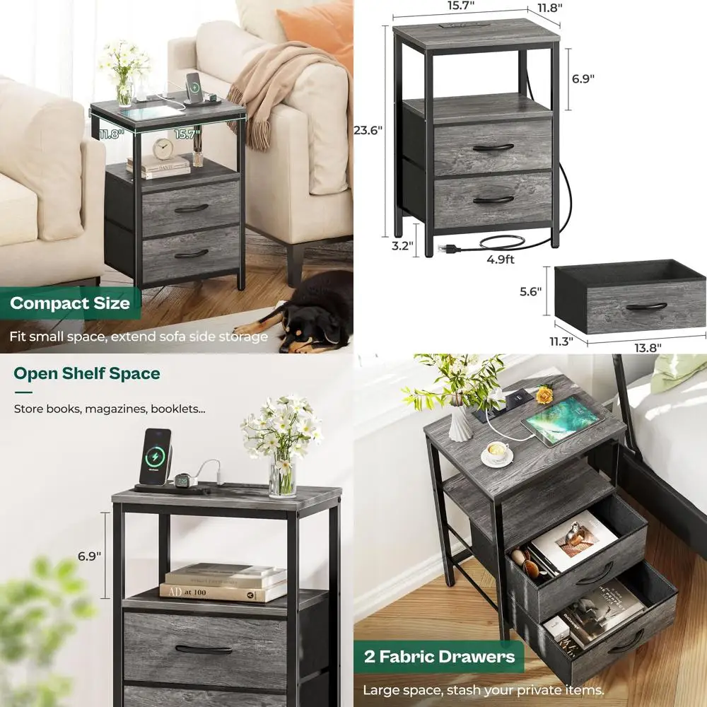 

Nightstand with Charging Station, Fabric Drawers, End Table with Open Shelf, Bedside Table with USB Ports and Outlets, Night Sta