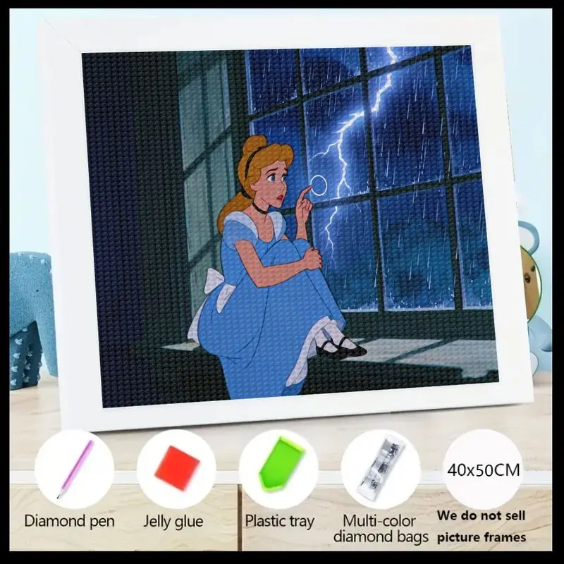 

1 шт., 5D DIY, полный дрель, набор для алмазной живописи, принцесса Диснея, Золушка, дождливая ночь, сцена за окном, большие кристаллические стразы 40x50 см
