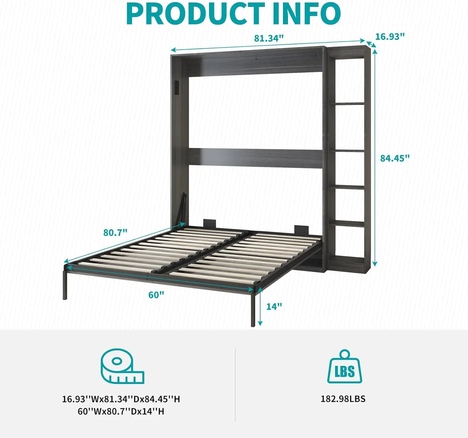 Balus Large Space-Saving 81 Inches Murphy Bed, Foldable Wall Bed With Storage Cabinet, Multi-Functional Murphy Bed Folds Into