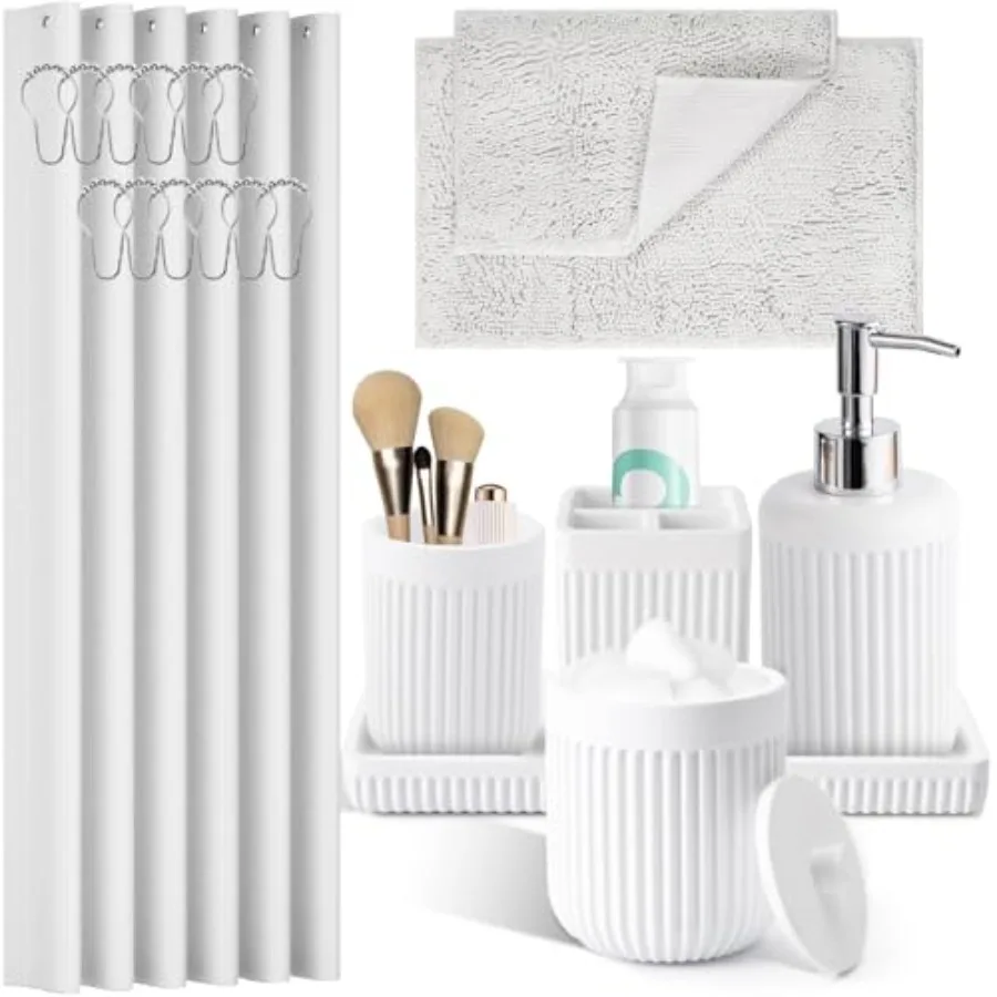 

Wite atroom ts wit Sower Curtain and Rugs 8-Piece Resin atroom Accories ts Complete wit Soap Dispenr Tootrus older Tumler Tray