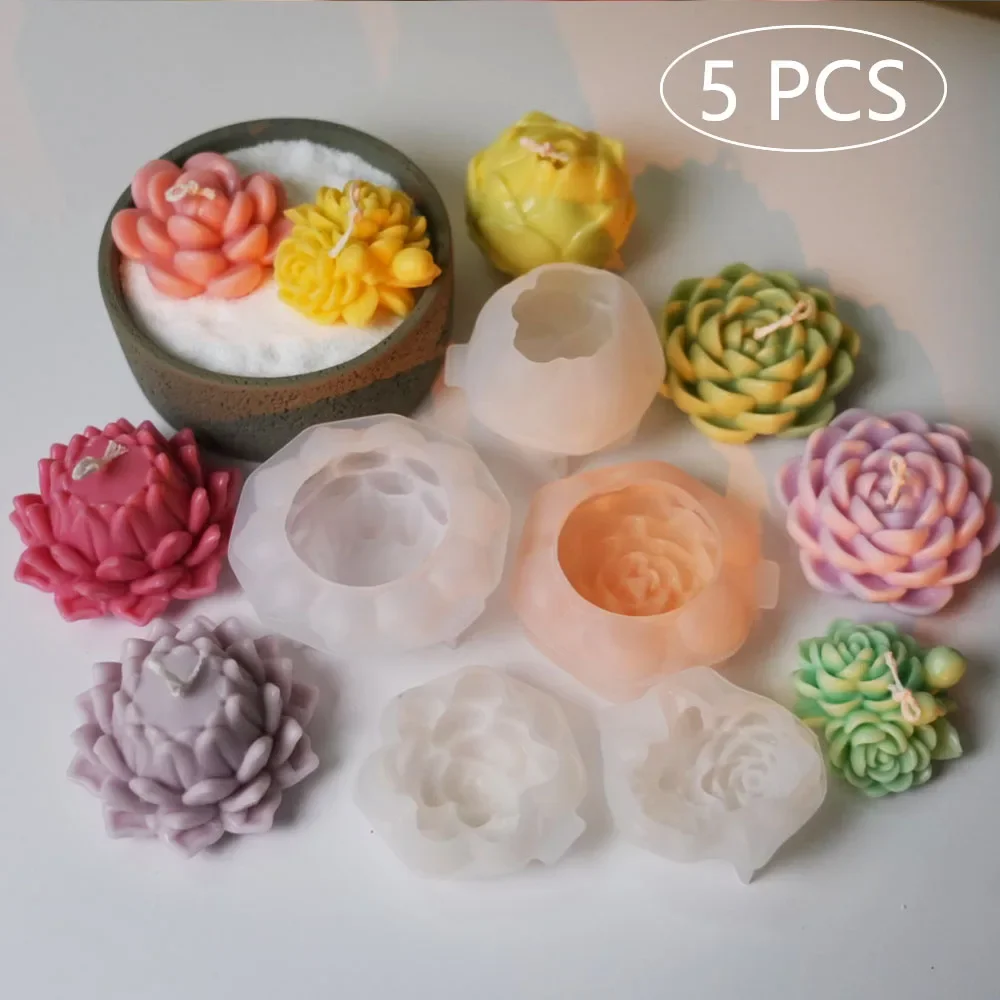 5 Pcs Rose Lotus Silicone Scented Candle Mold Peony Soap Mould Succulents Gypsum Making Lily Flower Gifts for Mom Wedding Decor