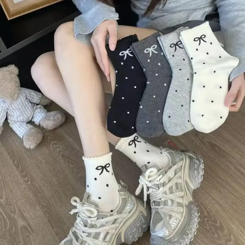

4 Pairs New Women's Socks with Polka Dots and Bow Spring and Autumn Stack Socks Trendy Japanese Korea Style Mid-Calf Lace Socks