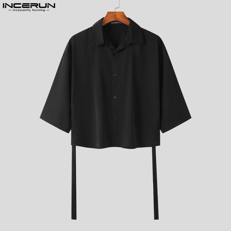 Fashion Casual Style Tops INCERUN 2024 Handsome Men\'s Solid Blouse Party All-match Male Ribbon Short-sleeved Lapel Shirts S-5XL