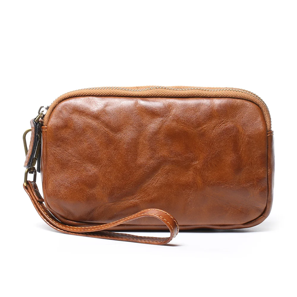 luokir Genuine Leather Men's Clutch Bag Vintage Textured Coin Purse First-Layer Cowhide, Large Capacity Mobile Phone Bag