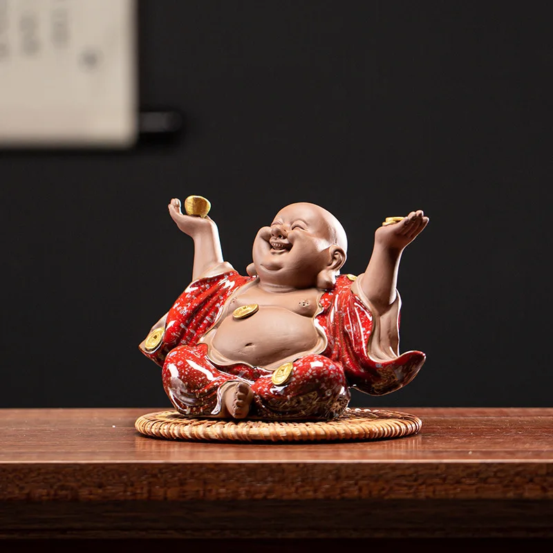 0018 New Chinese Style Ceramic Ornaments Lucky Fortune Maitreya Buddha Artwork Home Car Decoration Bookcase Tea Table Decoration