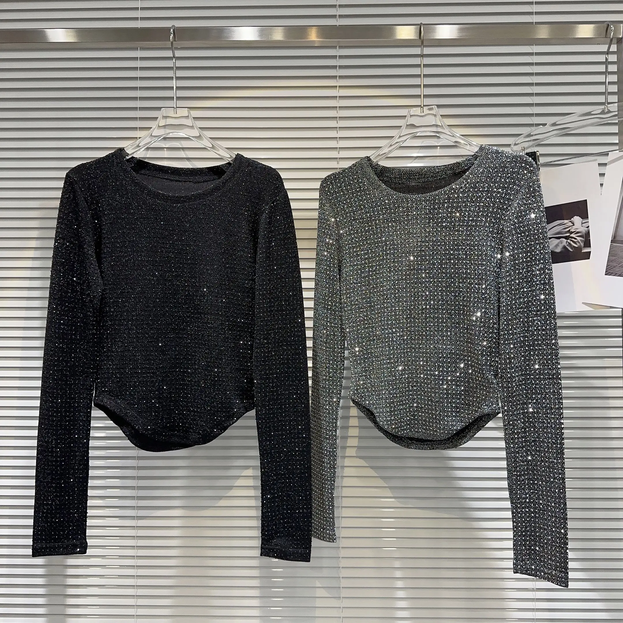 

150kg XL-4XL Plus Size Rhinestone Women's T-shirt Autumn Winter Luxury Long Sleeve Women's Tee Shirt Large Size Women's Pullover