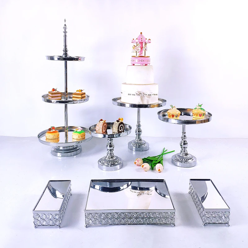 Silver Gold 7-10pcs  Electroplate Metal  Crystal Cake Stand Set Display Wedding Birthday Party Dessert  Cupcake Plate Rack