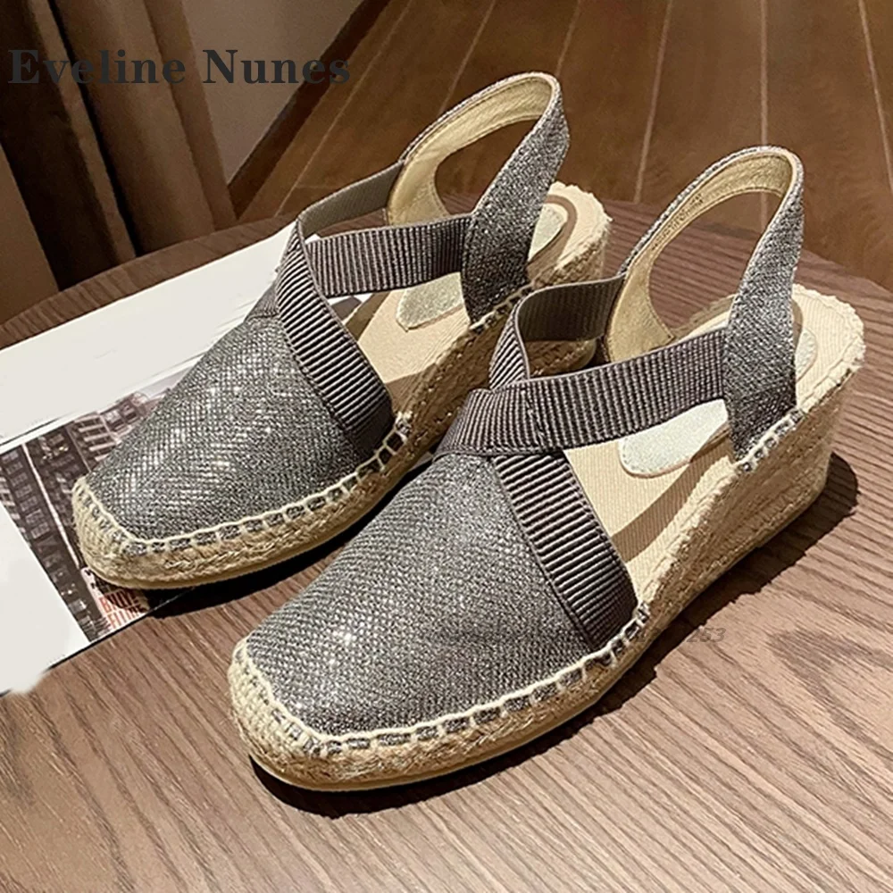 Panno con paillettes fascia elastica diapositive zeppe con punta tonda Patchwork bicolore tessuto aria laterale sandali da donna Slingback scarpe da