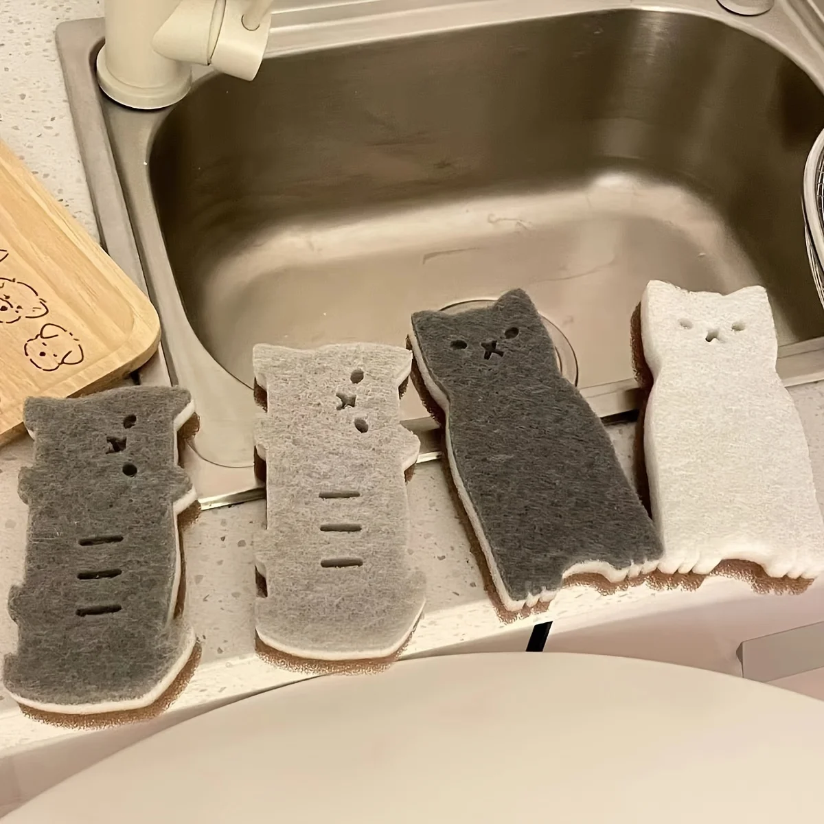 Juego de 4 Esponjas con Forma de Gato para Cocina - Utensilios Gruesos y Duraderos para Lavar Platos y Limpiar