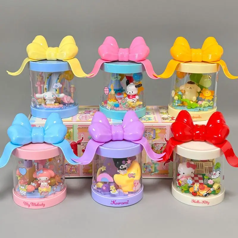 In Stock Sanrio Series Hello Kitty Cinnamoroll Hangyodon Pachacco Pom Pom Purin Assembly Toy Cartoon Figurines Desktop Ornament