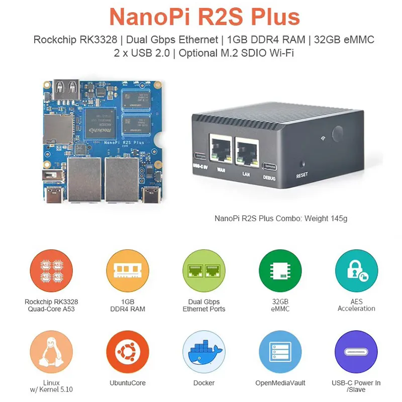 NanoPi R2S Plus Rockchip RK3328 Quad-core A53 SoC 1GB RAM 32GB eMMC Supports U-boot, Ubuntu-Core, OpenWrt