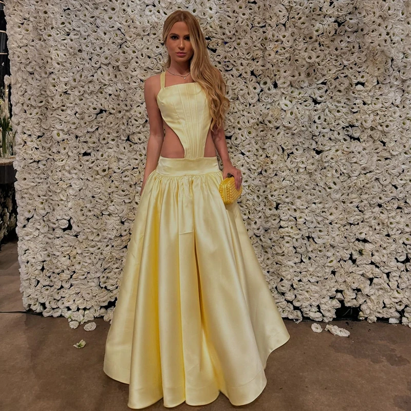 

Thinyfull Sexy Prom Evening Dresses Sleeveless Backless Party Dress Yellow A-Line Cocktail Gown Saudi Arabia Dubai Customized