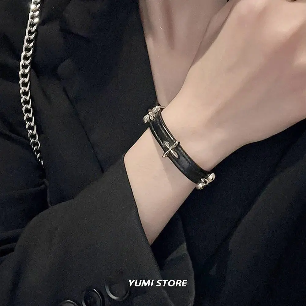 Vintage Cross Flower Bracelet For Women Gothic Punk PU Leather Adjustable Bracelet Hot Girl Kpop Couple Jewelry Y2K Accessories