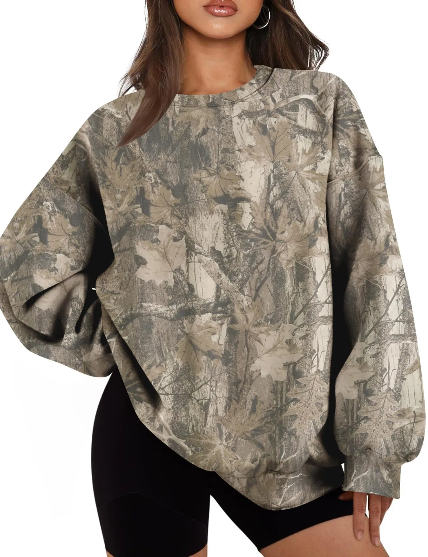 Printed Loose Fit Hoodie with Plant Floral Pattern Mid Length Streetwear No Hood Casual Long Sleeve Pullover Women Hoodie