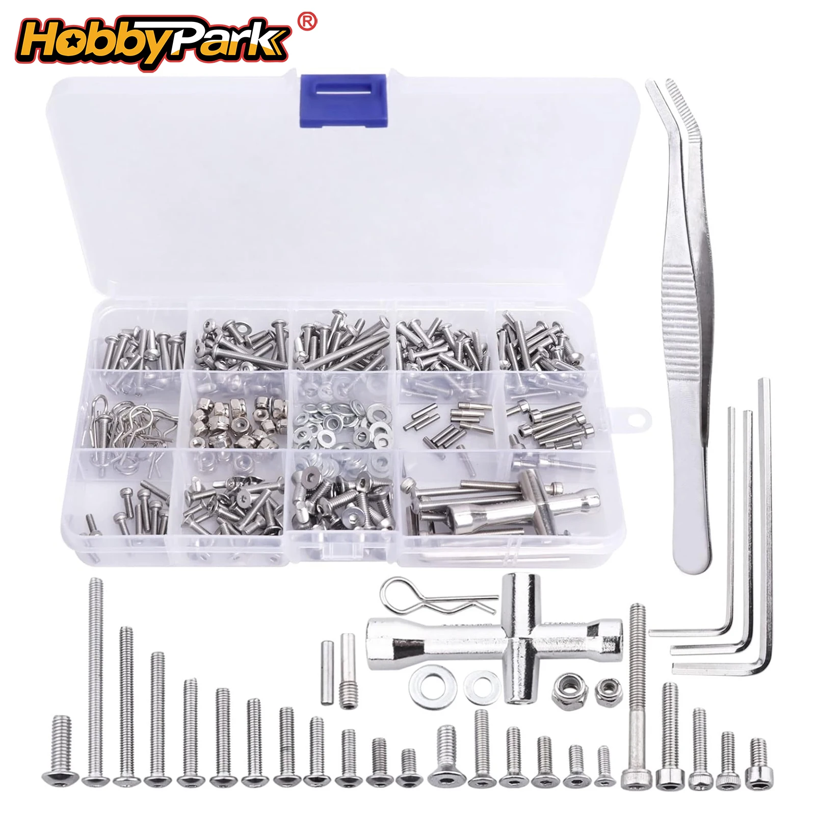 HobbyPark 290PCS RC Screw Kit for 1/10 Traxxas Slash M2.5 M3 M4 Hex Screws Washers Locknuts Body Clips Wheel Pins