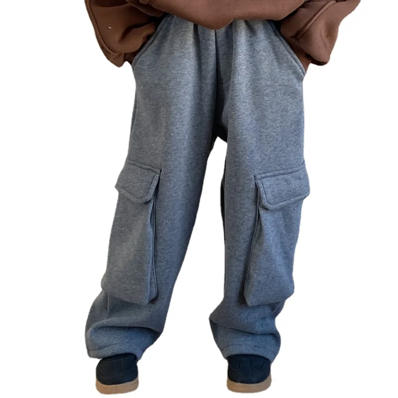 

2023 Winter plush fashionable young boys' and girls' lazy style work attire sanitary pants loose wide leg casual pants