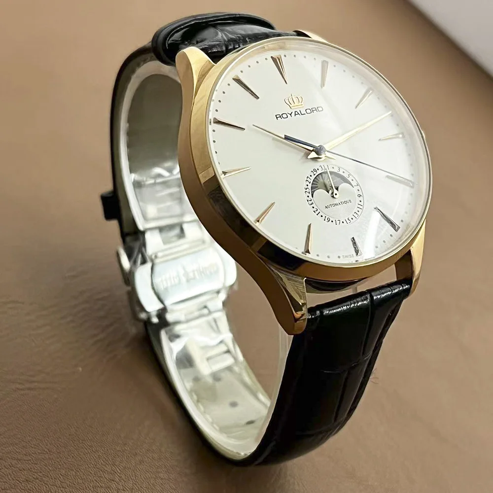 

Мужские автоматические механические часы с корпусом из нержавеющей стали диаметром 40,8 мм, фаза Луны, дата на 6 часов, модный водонепроницаемый белый циферблат