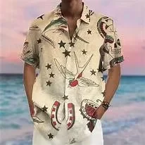 Fashionable Summer Men's Essential Cartoon Character Pattern Fashion Short Sleeved Shirt for Hawaii Beach Travel