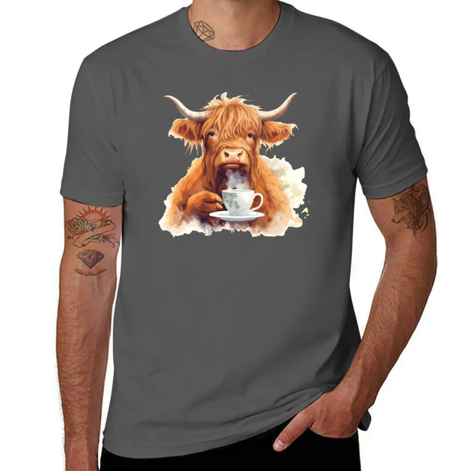 

Highland cow drinking English tea T-Shirt man t shirts cotton man t shirt luxury man tshirt T-Shirt