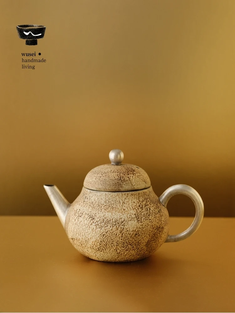 Wusei Ancient Rock Mud Silver Plated Pear Shape Tea Pot Ceramic Handmade Tea Set for Tea Houses Classical Wabi Sabi Style