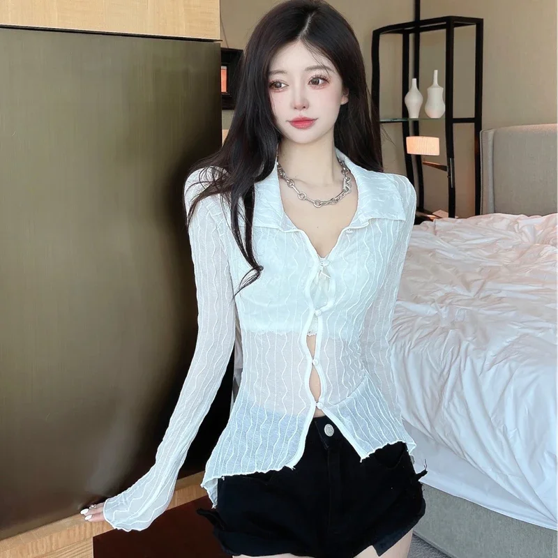 Sexy Streetwear White Shirts Women 2024 Summer Fashion Long Sleeve Black Blusa Feminina Korean Vintage See Through Tops Blouses