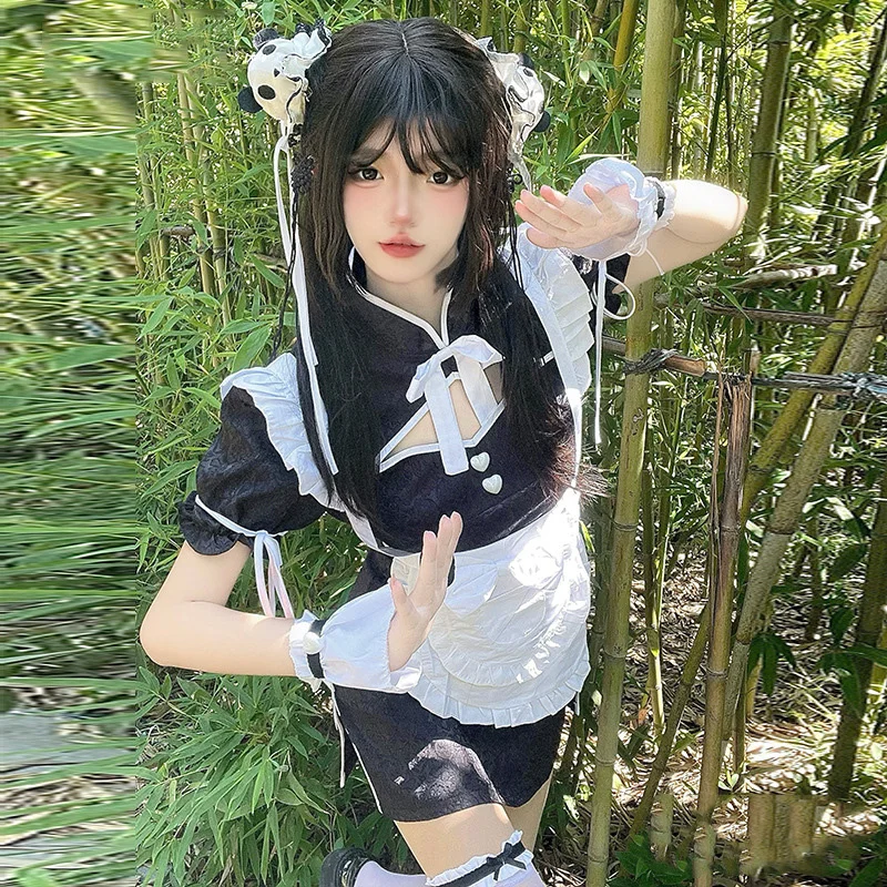 Quadratic Element Animation Maid Uniform Chinese Cheongsam Lolita Skirt Cosplay Sexy Black and White Cutout Bunny Costume