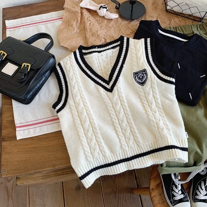 

Детский вязаный жилет унисекс в академическом стиле, зимний свитер в корейском стиле, жилет для детей, осенне-зимняя уютная вязаная куртка, топ