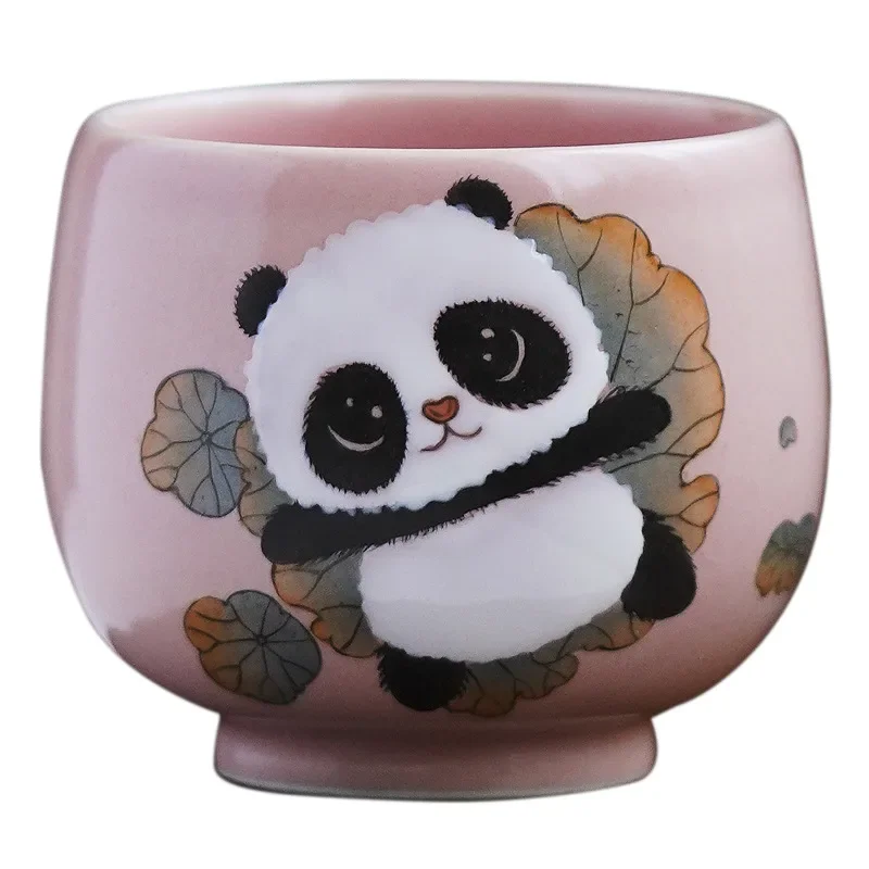 Jingdezhen hand-painted pink teacup, cute red panda lotus leaf tea master cup, Chinese ceramic single cup