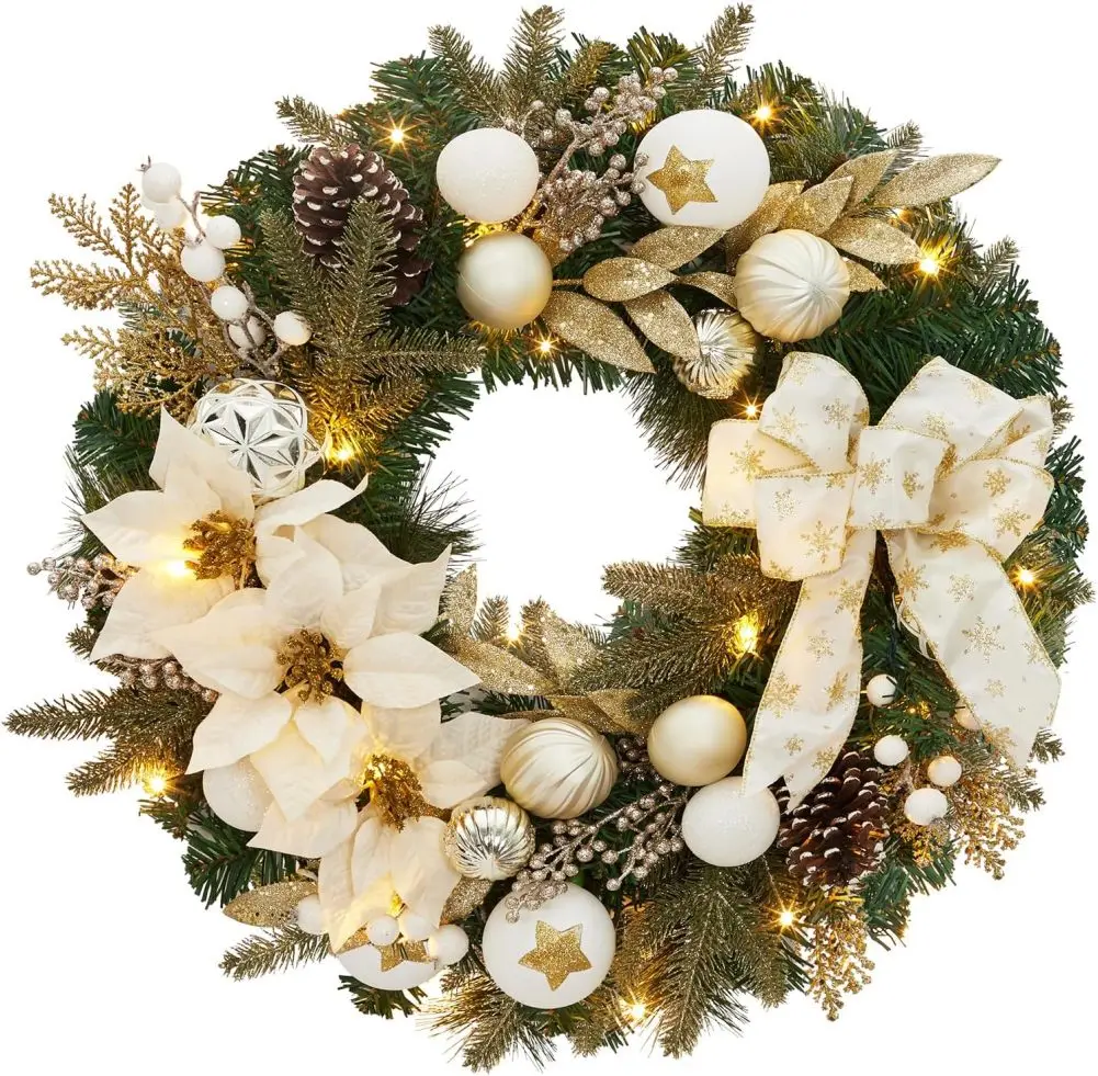 24 Inch Lighted Christmas Wreath With Timer, Pre-Lit Xmas Wreath With 20 Light Flower Bowknot Pine Cones Balls for Front Door