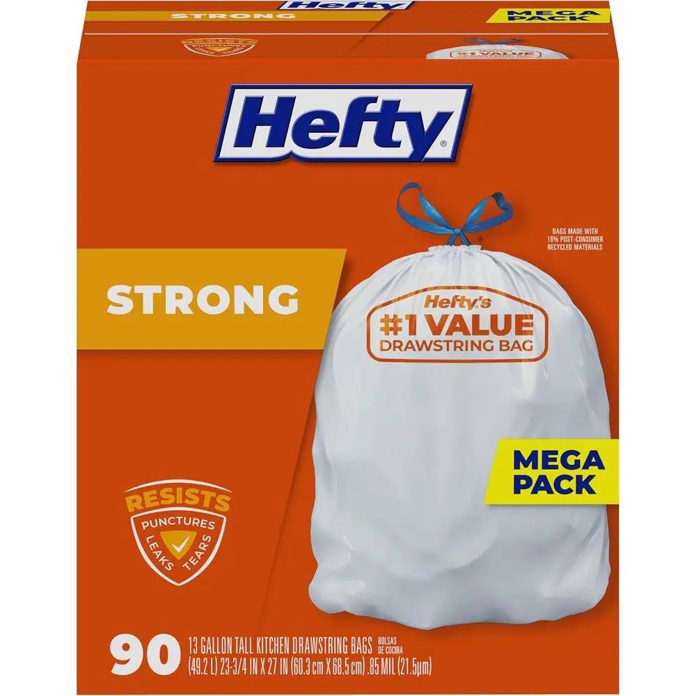 

Durable 13-Gallon Tall Kitchen Trash Bags, Leak-Resistant, Puncture-Proof, 90 Unscented White Bags with Drawstrings
