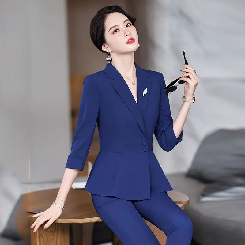 

Blue Business Wear Suit Women's Summer Temperament Goddess Style Jewelry Shop Beauty Salon Reception Work Clothes