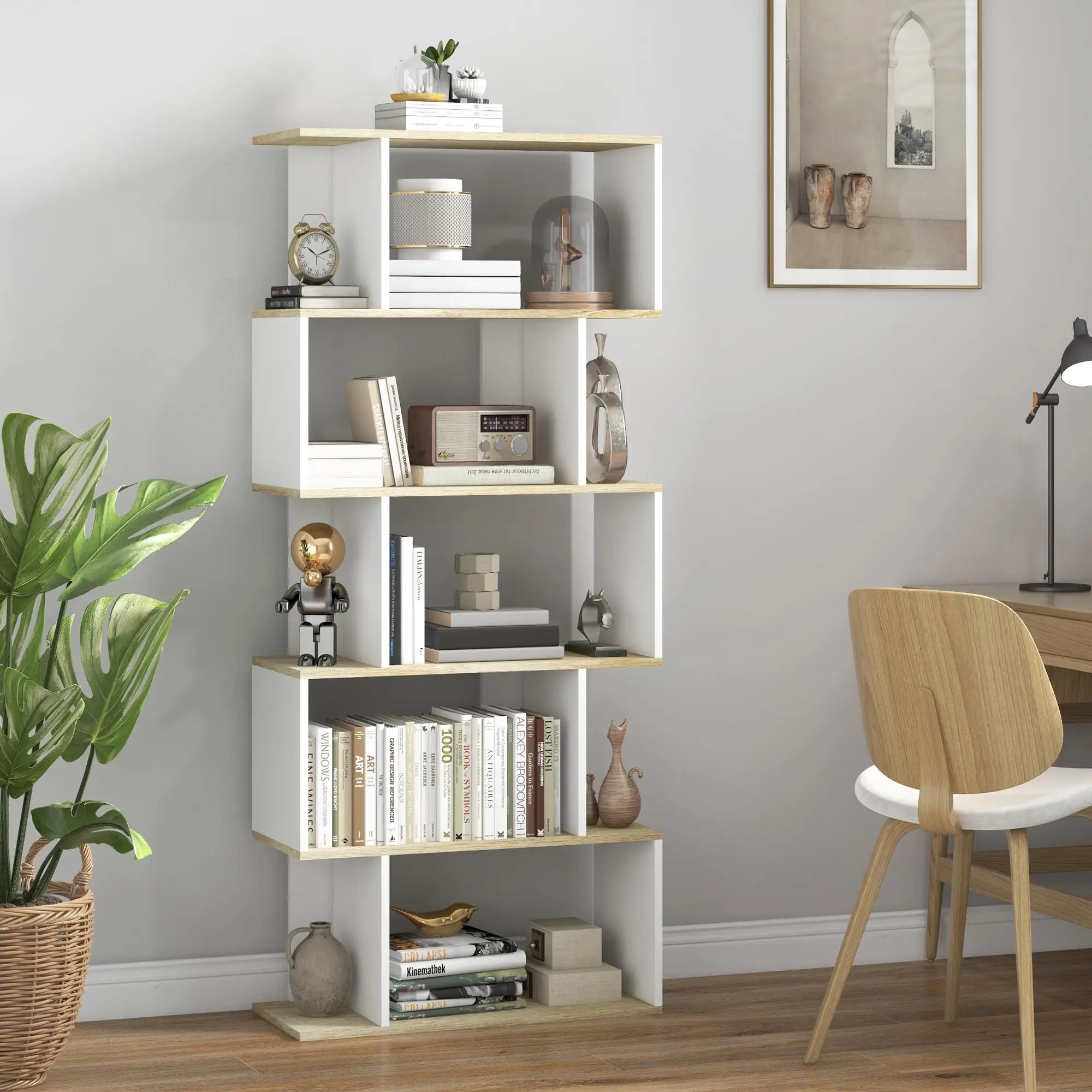 Bibliothèque 5 niveaux style nordique en chêne blanc avec porte, pliable 70x29,5x163 cm, panneaux composites en bois, protection anti-basculement