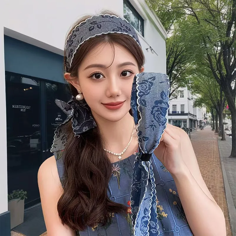 

1pcs New Thickened Denim hairband Wide-sided hairhoop Embroidery Widened hairaccessories Lace Woven Ribbon Headband
