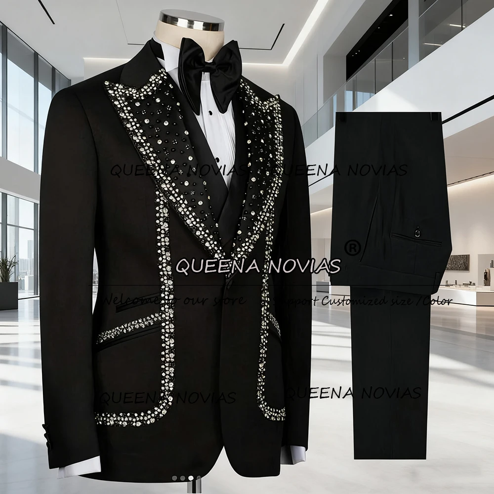 

Crystals Beaded Suits Men For Wedding 3 Pieces Sets Notched Lapel Prom Blazers Customized Male Fashion Party Tuxedos Slim Fit