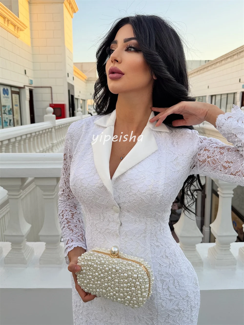 Customized Sexy Matching Lace Pleat Button Mermaid V-neck Midi Dresses Bespoke Occasion Dresses Exquisite Sizes Available Retro