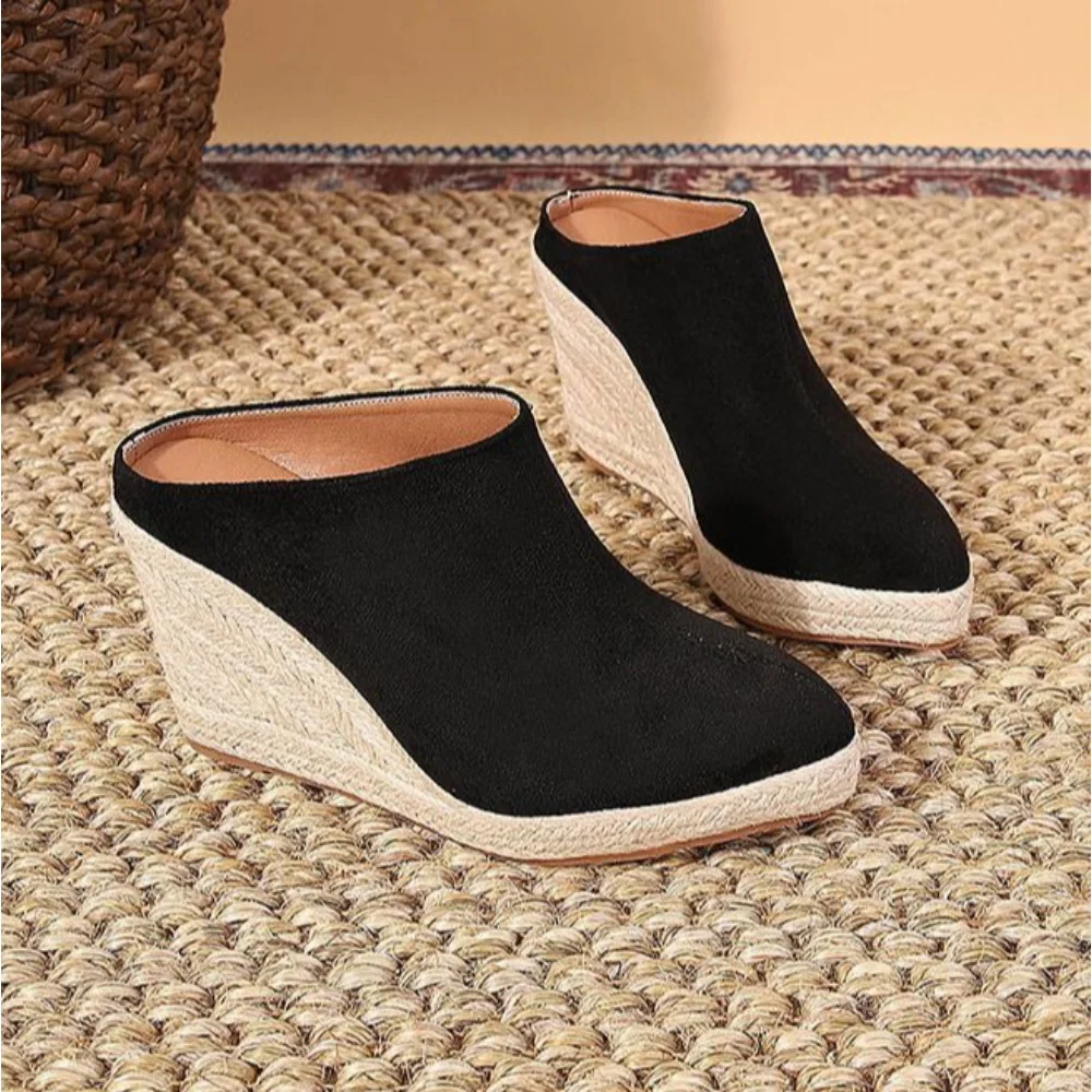 Baotou Slippers Women's New Pointed Toe Sloping Heel Thick Sole Dragging Womens Back Empty Grass Woven Hemp Rope Sole Pumps