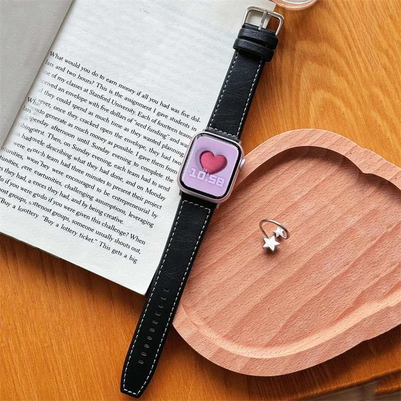 Korea Retro PU Leather Strap For Apple Watch Band 49mm 45 44 41 42 38 40 Correa Fashion Men Women Band For Watch Series 9 8 7 SE
