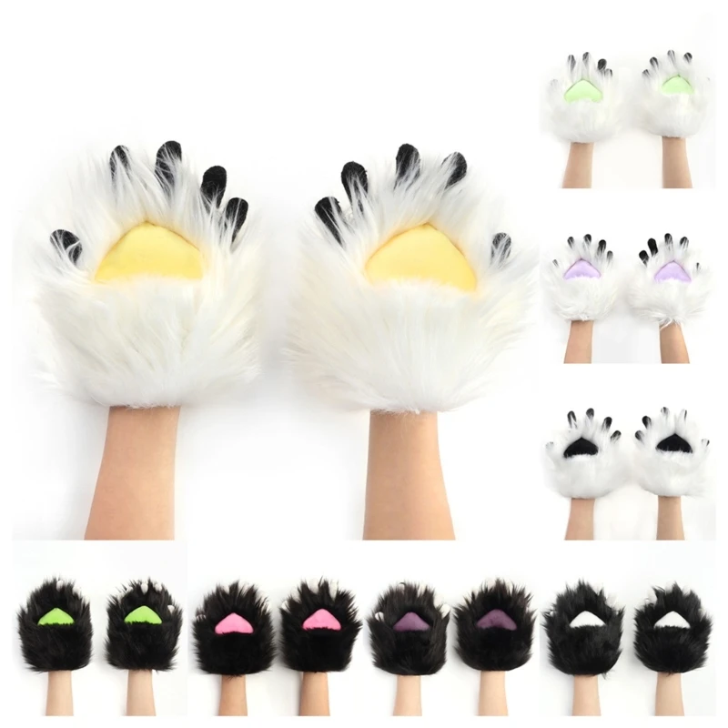 

E15F Plush Furry Cats Paws Gloves with Claw Animal Foxes Paws Mittens Fursuit Paws