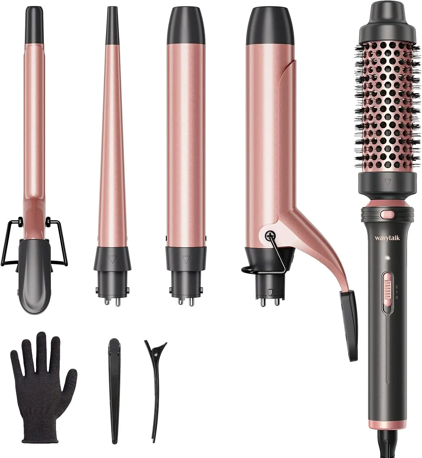 

5-in-1 Ceramic Curling Iron Set with 4 Interchangeable Barrels & Styling Brush, Dual Voltage, Instant Heat