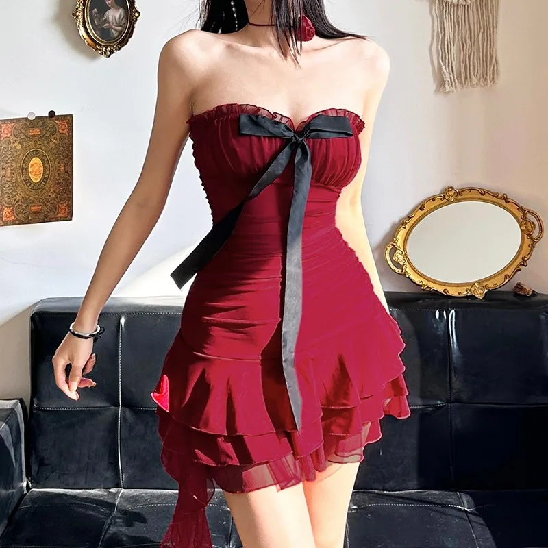 Women Christmas Sexy Dress Cosplay Retro Red Bow Strapless Dress with Sequined Oversized Bow Headband Xmas Party Outfits