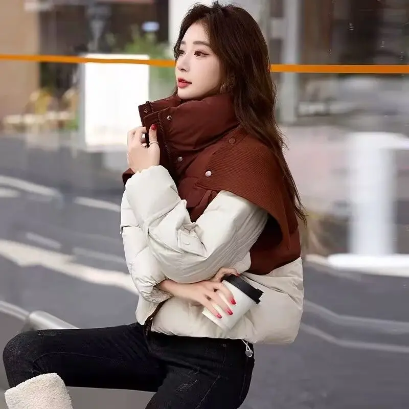 

Модная короткая пуховая хлопковая одежда 2026, зимняя новая корейская версия, шаль контрастного цвета, пальто большого размера, фиолетовое