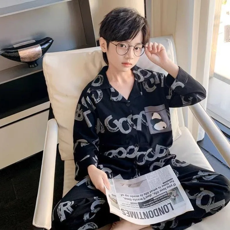 

2025 New Kids Collared Pajamas Sets Long Sleeve Air Conditioning Wear Spring Autumn Unisex Kids Sleepwear Homewear