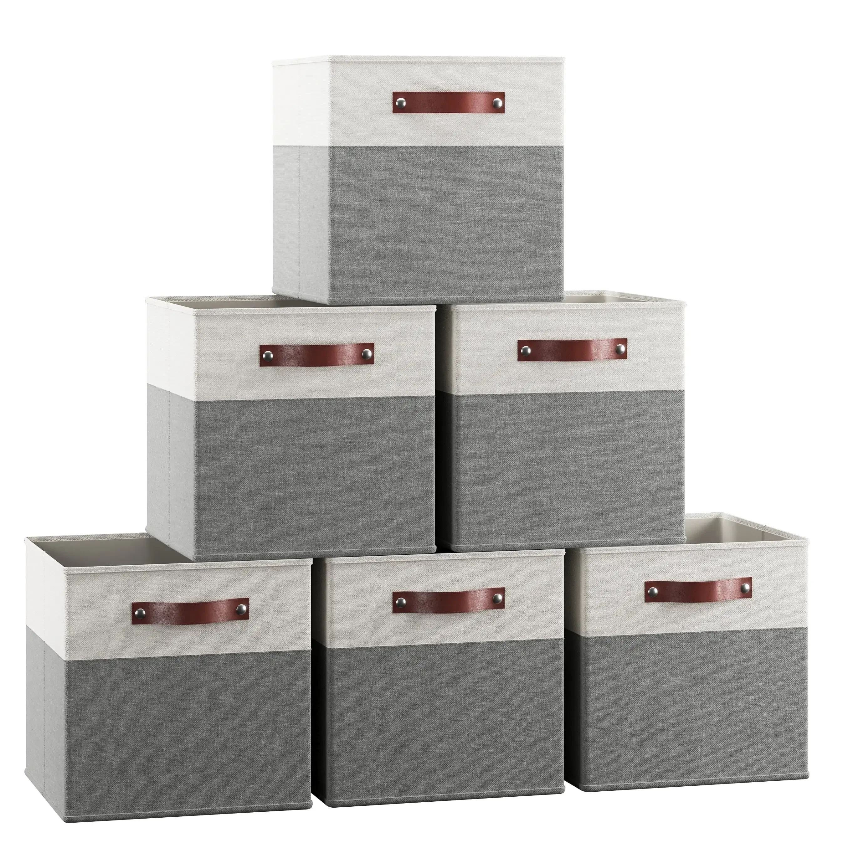 

Home Foldable Collapsible Storage Box Bins Linen Fabric Shelf Basket Cube Organizer with Leather Handles