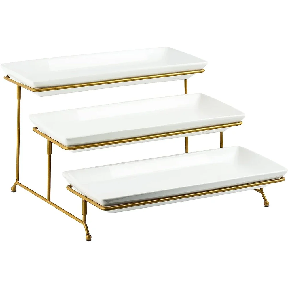 3 Tier Party Metal Serving Holder Rack With 3 Serving Platters Trays for Dessert Display