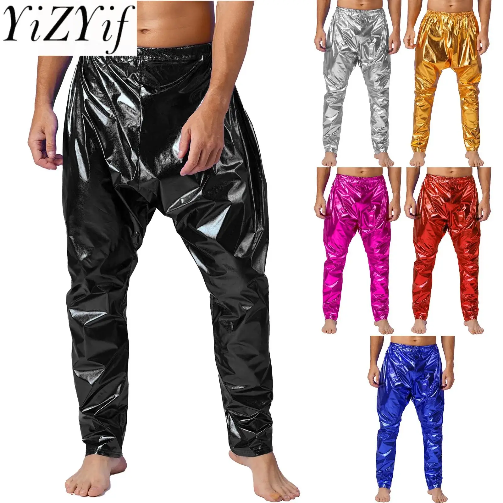 

Men's Gold Leggings Lightweight Harem Pants Shiny Full Length Bottoms Metallic Pants Rave Outfit Disco Stage Performance Costume