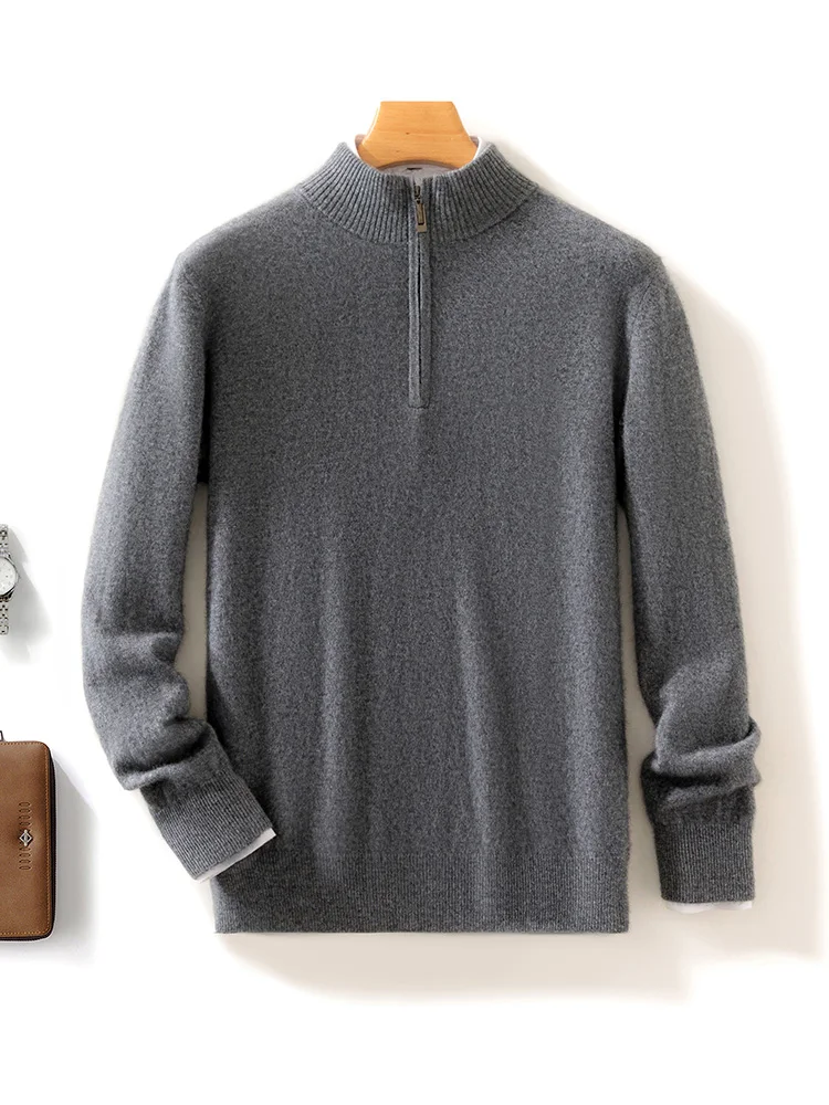 New Chic Men's Clothing Autumn Winter Stand Collar Casual Loose Sweater 100% Cashmere Knitted Zipper Pullover Basics male Tops