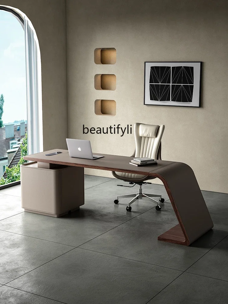 Retro style saddle leather desk, high-end designer study, computer table, solid wood desk