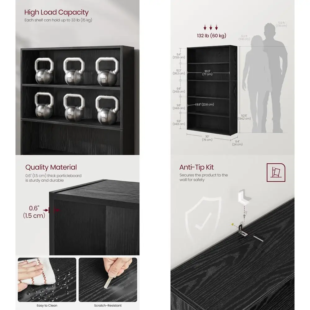 

5-уровневая книжная полка черного дерева, 9,4x30x52,8, открытое место для хранения вещей, для гостиной/офиса/столовой